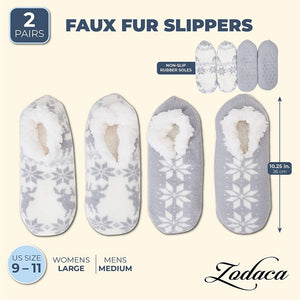 Faux Fur Snowflake Slipper Socks for Women and Men (Large, 2 Pairs)