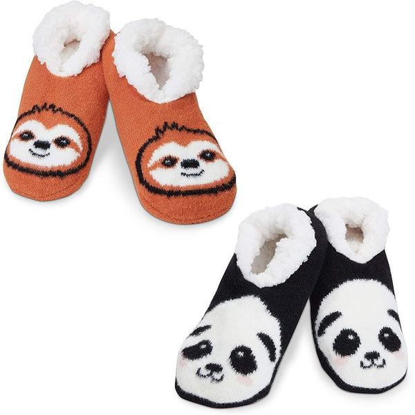 Faux Fur Non-Slip Slipper Socks for Women, Sloth and Panda (2 Pairs, Size Medium)