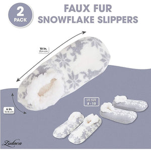 Sherpa Slipper Socks with Fair Isle Christmas Snowflakes, Non-Slip (Women's US 8, 2 Pairs)