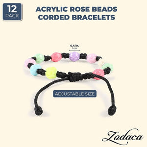 Adjustable Cord Bracelets, Mulitcolor Rose Beads (12 Pack)