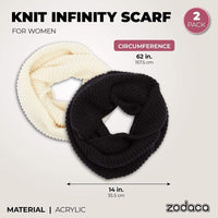 Knit Infinity Scarf for Women, Winter Scarves for Adults (Black, White, 2 Pack)