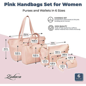 Pink Handbags Set for Women, Purses and Wallets in 6 Sizes (6 Pieces)