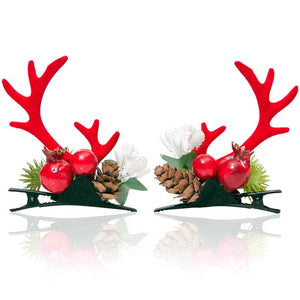 Red Reindeer and Pomegranate Christmas Hair Clips (2 Pairs)