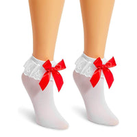 Ruffle Anklet Socks with Red and Black Satin Bows (Large, 2 Pairs)