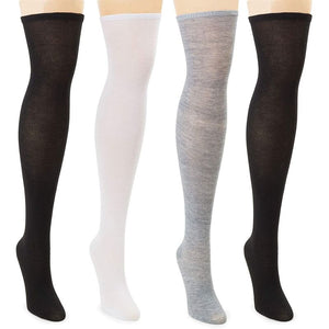 Thigh High Stockings for Women in Black, Grey, White for Uniform, Costumes, Cosplay (4 Pack)