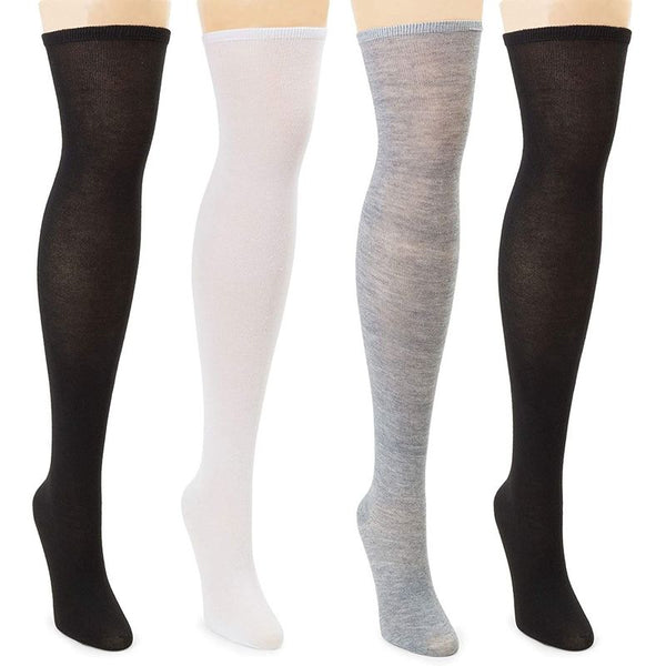 Thigh High Stockings for Women in Black, Grey, White for Uniform, Costumes, Cosplay (4 Pack)