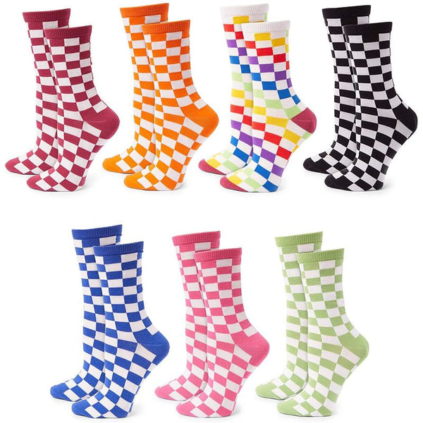 Checkerboard Crew Socks for Women and Men, 7 Colors (Unisex, 7 Pairs)