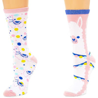 Llama Crew Socks for Women, One Size (Pink, White, 2 Pairs)