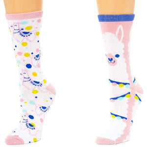 Llama Crew Socks for Women, One Size (Pink, White, 2 Pairs)