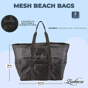 Mesh Beach Bags, Black Totes with 9 Pockets (2 Pack)