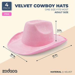 4-Pack Pink Cowboy Hats for Girls - Cute Velvet Cowgirl Hats for Costume, Dress Up Party (Adult Size)