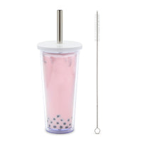 Reusable Clear Boba Bubble Tea Cup with Lid & Straw Set, To-Go Clear Smoothie Drinking Tumbler, 24oz