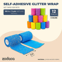 Self Adhesive Wrap, Glitter Cohesive Vet Tape for Pets (3x180 in, 12 Pack)