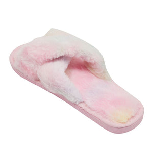 Fuzzy Flip Flops for Women, Pastel Tie Dye Slide Slippers (L, US Size 9)