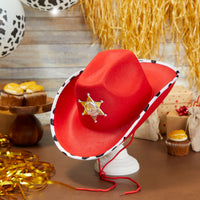 Red Cowboy Hats with Sheriff Badge for Kids, Cow Print Design (4 Pack)