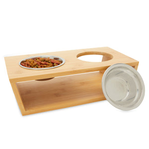 3 Piece Dog and Cat Food and Water Bowl Set with Bamboo Feeder Stand (4.5 x 13 In)