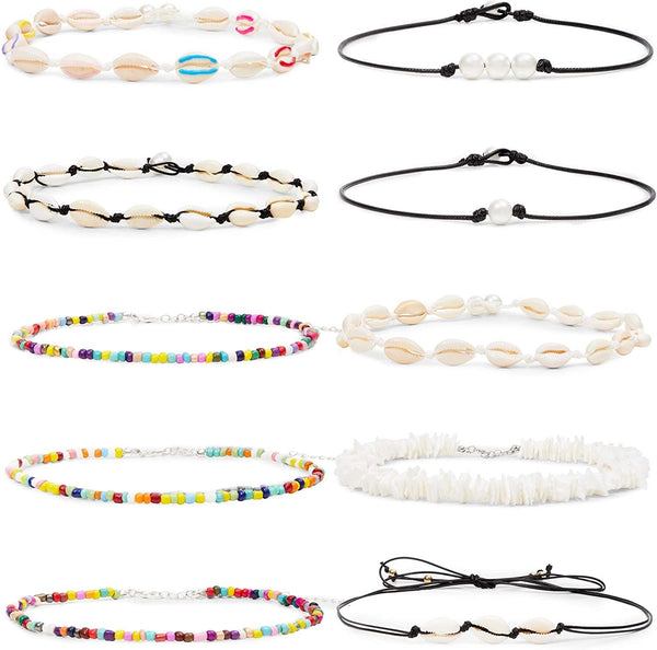 Puka Shell Necklaces, Pearl Shell Choker Necklaces for Women (10-Pack)