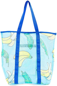 2 Pack Blue Mesh Beach Tote Bag with Zipper Pocket for Women, Reusable Grocery Shopping Bag, Banana Design, 18 x 16 x 9 in