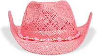 Pink Cowboy Hat For Women - Pink Straw Beach Hat, Cute Cowgirl Hat with Beaded Heart Trim and Braided Chain (Adult Size)