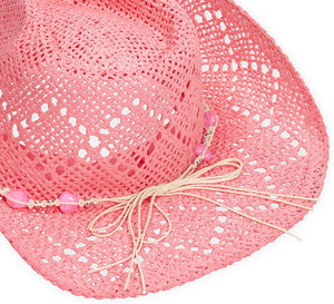 Pink Cowboy Hat For Women - Pink Straw Beach Hat, Cute Cowgirl Hat with Beaded Heart Trim and Braided Chain (Adult Size)