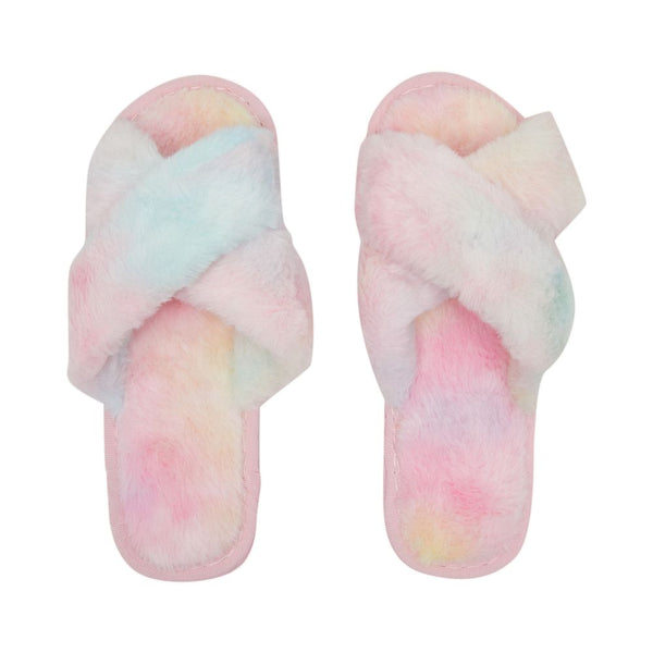 Fuzzy Flip Flops for Women, Pastel Tie Dye Slide Slippers (L, US Size 9)