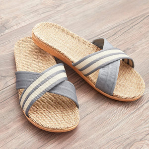 Men's House Slippers Slides Anti-Slip Indoor Outdoor Sandals Size Large US 9-9.5, Dark Blue Linen