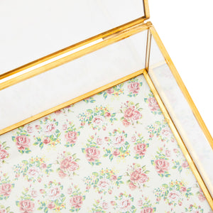 Small Glass Jewelry Box for Keepsakes with Gold Metal Frame, Hinge Lid, Vintage Floral Design (6x 6 x 3 In)