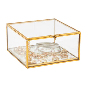 Small Glass Jewelry Box for Keepsakes with Gold Metal Frame, Hinge Lid, Vintage Floral Design (6x 6 x 3 In)