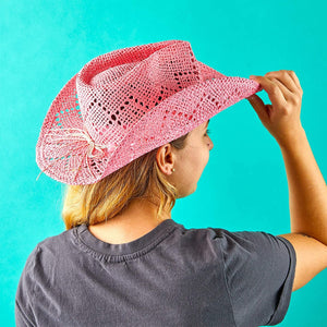 Pink Cowboy Hat For Women - Pink Straw Beach Hat, Cute Cowgirl Hat with Beaded Heart Trim and Braided Chain (Adult Size)