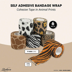 6 Rolls Self Adhesive Bandage Wraps, 2 Inch x 5 Yards Cohesive Vet Tape for First Aid (Animal Print)