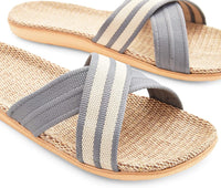 Men's House Slippers Slides Anti-Slip Indoor Outdoor Sandals Size Large US 9-9.5, Dark Blue Linen