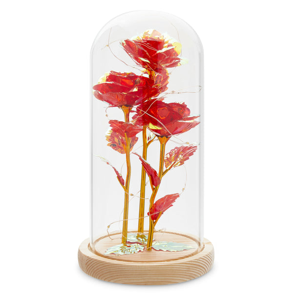 Red Galaxy Rose in Glass Dome with LED Lights, Light up Flower Gifts for Women, Birthday, Valentine's Day, Mother's Day, 5.7x11 inches