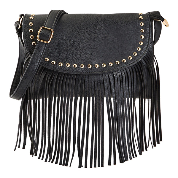 Black Fringe Purse for Women, Faux Leather Hippie Crossbody Bag (10.5 x 1.5 x 7.8 In)