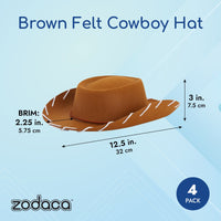 Brown Felt Cowboy Hat for Kids Birthday Party, Halloween Costume (4 Pack)