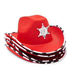 Red Cowboy Hats with Sheriff Badge for Kids, Cow Print Design (4 Pack)