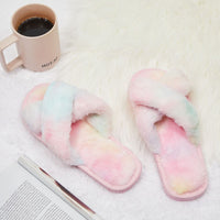 Fuzzy Flip Flops for Women, Pastel Tie Dye Slide Slippers (L, US Size 9)