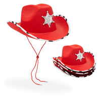 Red Cowboy Hats with Sheriff Badge for Kids, Cow Print Design (4 Pack)