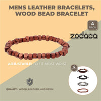 4 Pack Wood Bead and Leather Bracelets for Mens Jewelry Accessories, 4 Designs