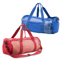 2-Pack Zippered Mesh Duffle Bag with Shoulder Strap and 2 Handles, 600D Polyester Breathable 19x10-Inch Sports Duffle Bag with 2 Side Pockets in 2 Colors (Red and Blue)