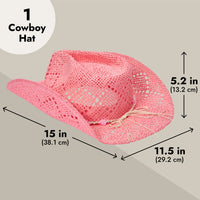 Pink Cowboy Hat For Women - Pink Straw Beach Hat, Cute Cowgirl Hat with Beaded Heart Trim and Braided Chain (Adult Size)