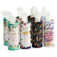 8 Pack Round Tissue Boxes for Car Cup Holder, Travel Size Refill Cylinder, 4 Religious Quote Designs (50 Tissues Per Container)
