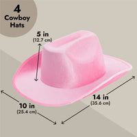 4-Pack Pink Cowboy Hats for Girls - Cute Velvet Cowgirl Hats for Costume, Dress Up Party (Adult Size)